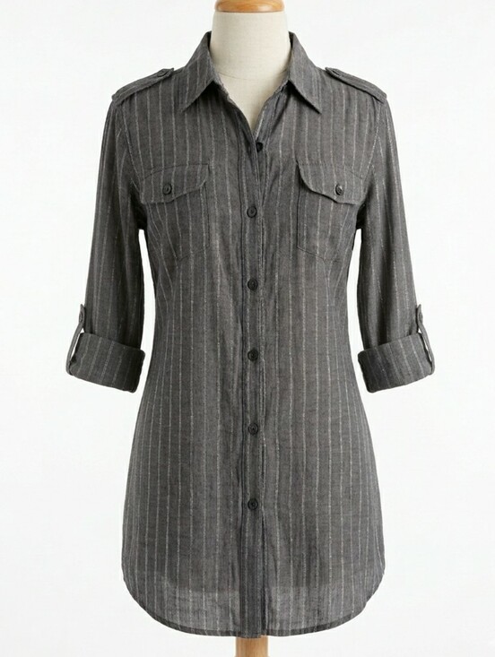 Chico's Tops - CHICO’S Metallic Silver Pinstripe Button Down Tunic Shirt Jacket Epaulettes Size